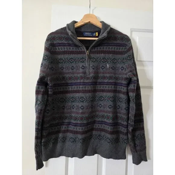 POLO RALPH LAUREN Men's Grey Fair Isle Wool-Cashmere 1/4 Zip Pullover Sweater L